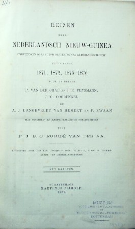 First  cover of 'REIZEN NAAR NEDERLANDSCH NIEUW-GUINEA ONDERNOMEN OP LAST DER REGEERING VAN NEDERLANDSCH-INDIE IN DE JAREN 1871, 1872, 1875-1876 DOOR P. VAN DER CRAB'