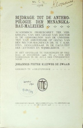 First  cover of 'BIJDRAGE TOT DE ANTHROPOLOGIE DER MENANGKABAU-MALEIERS.'
