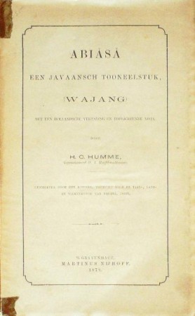 First  cover of 'ABIÅSÅ. EEN JAVAANSCHE TOONEELSTUK, (WAJANG) MET EEN HOLLANDSCHE VERTALING EN TOELICHTENDE NOTA.'