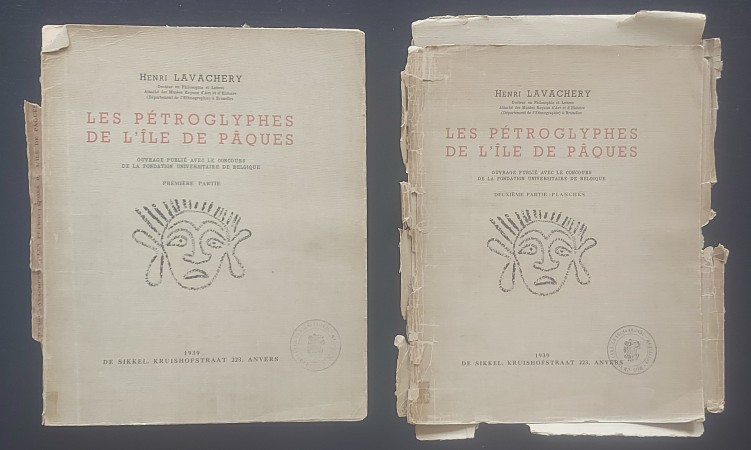 Lavachery, Henri. LES PTROGLYPHES DE L'LE DE PQUES. OUVRAGE PUBLI AVEC LE CONCOURS DE LA FONDATION UNIVERSITAIRE DE BELGIQUE. 2 Vols.